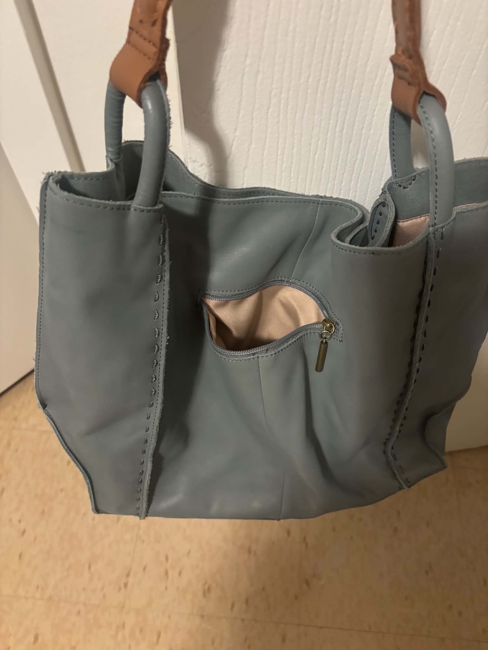 The Sak Blue Leather Tote with Tan Handles